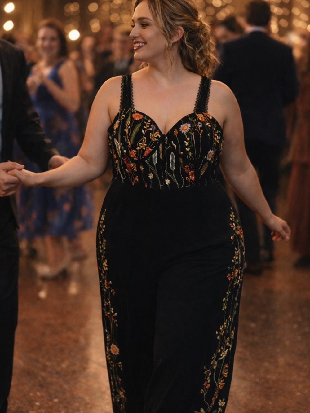 New York & Company Black Embroidered Floral Jumpsuit